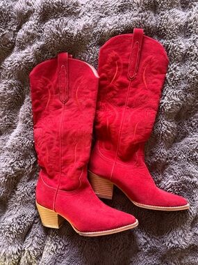 Red Suede Western Mid-Calf Boots for Women